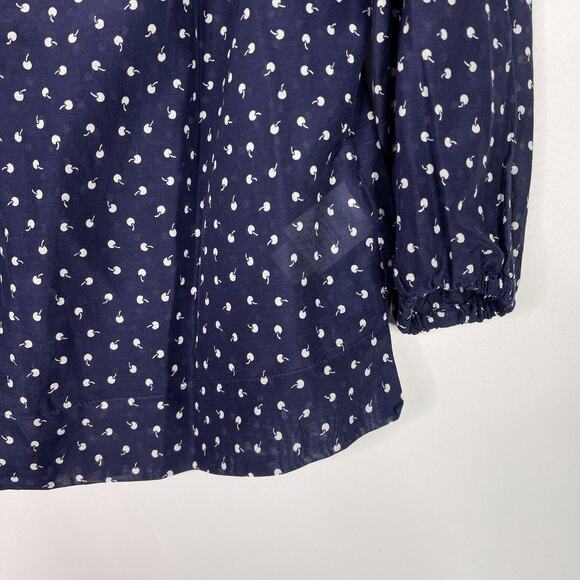 J Crew Womens 2XS Navy Blue Ruffle Tiny Cherries Printed Blouse Top Long Sleeve - Picture 4 of 14